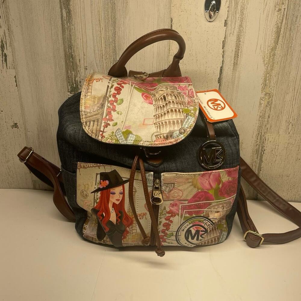 Michael Michelle Hand Painted Denim Backpack Floral NWT Paris Print Handbag